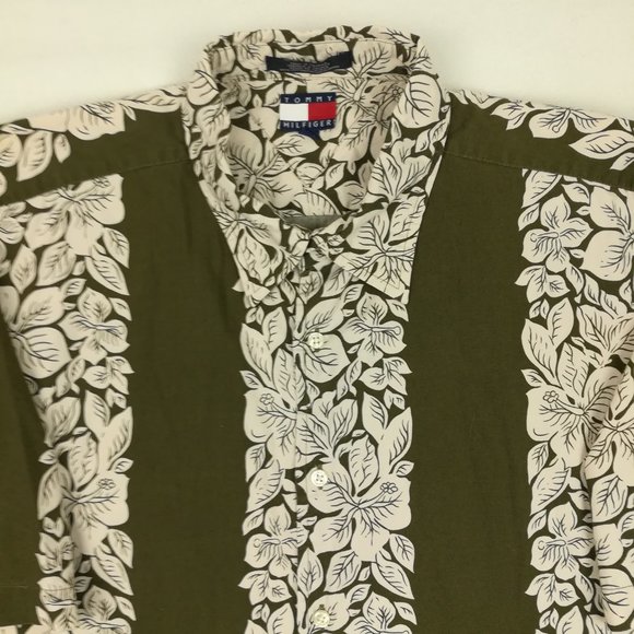 Vintage 2000 Tommy Hilfiger Shirt Hawaiian Floral Button Up Y2K Green Mens XL - Picture 1 of 8
